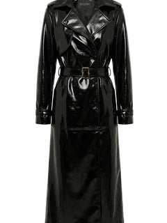 Black patent leather trench coat on a white background