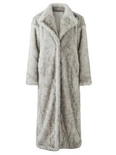 Long gray coat with fur trim on a white background