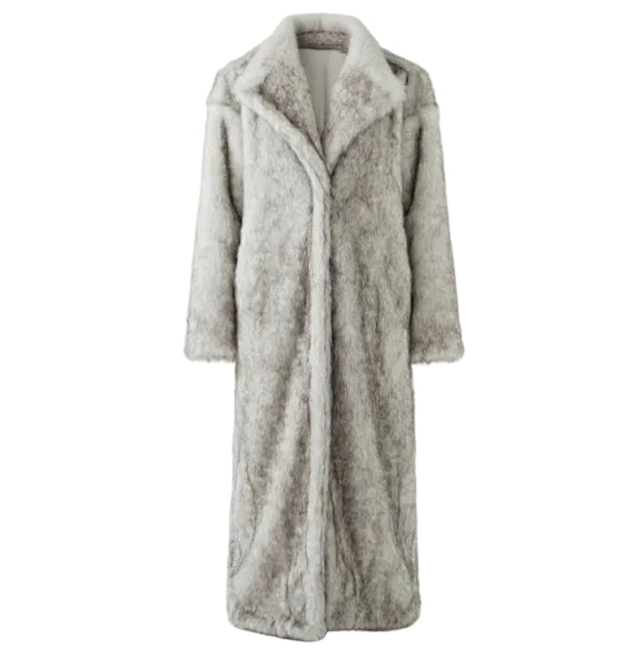 Long gray coat with fur trim on a white background