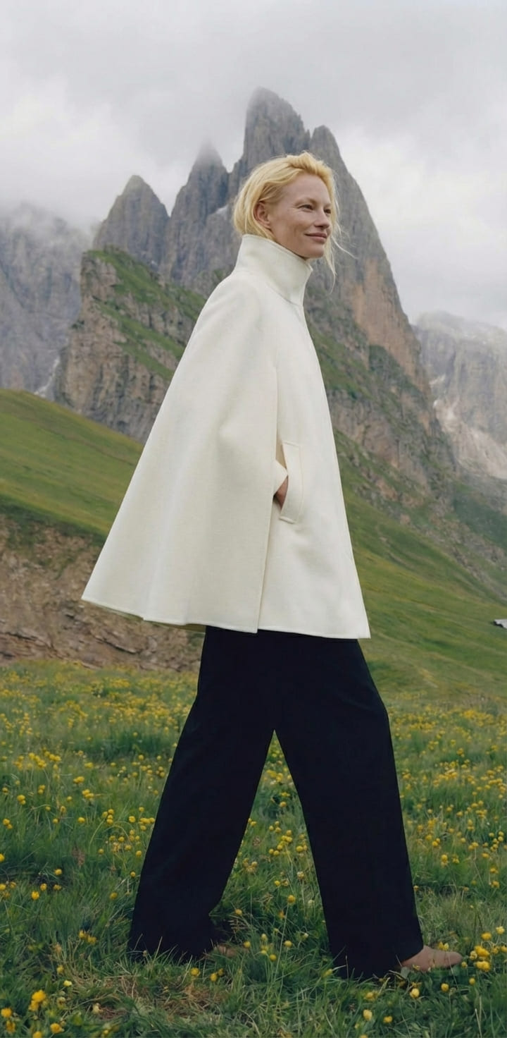 Person wearing a white cape and black pants standing in a mountainous landscape with green grass and yellow flowers.