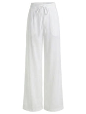 White wide-leg pants with a tie waist on a white background