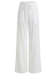 White wide-leg pants with a tie waist on a white background