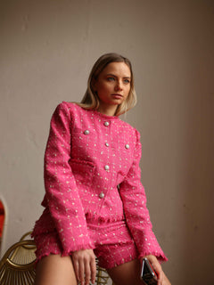 pink tweed suit with shorts