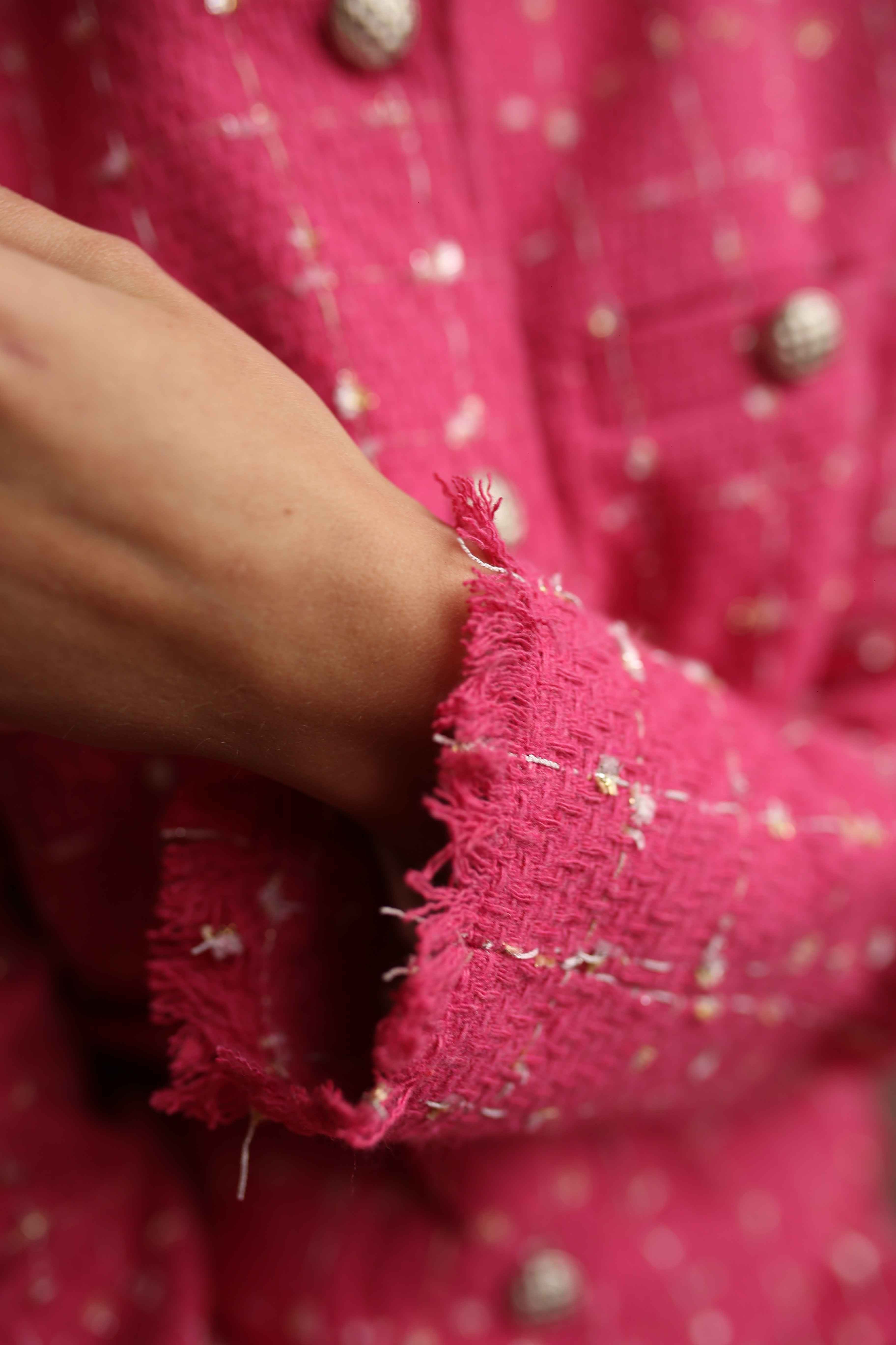 pink tweed suit with shorts