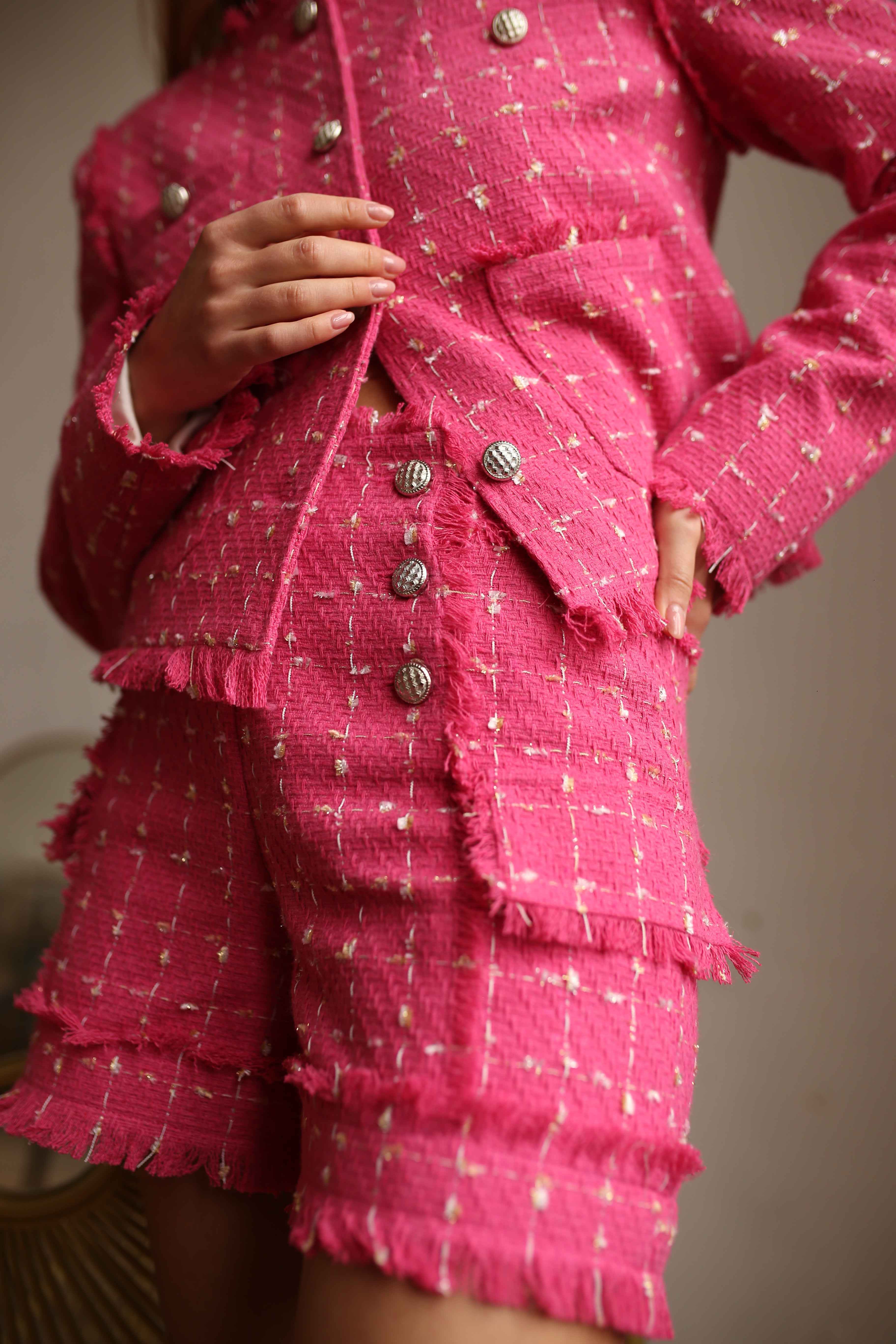 pink tweed suit with shorts