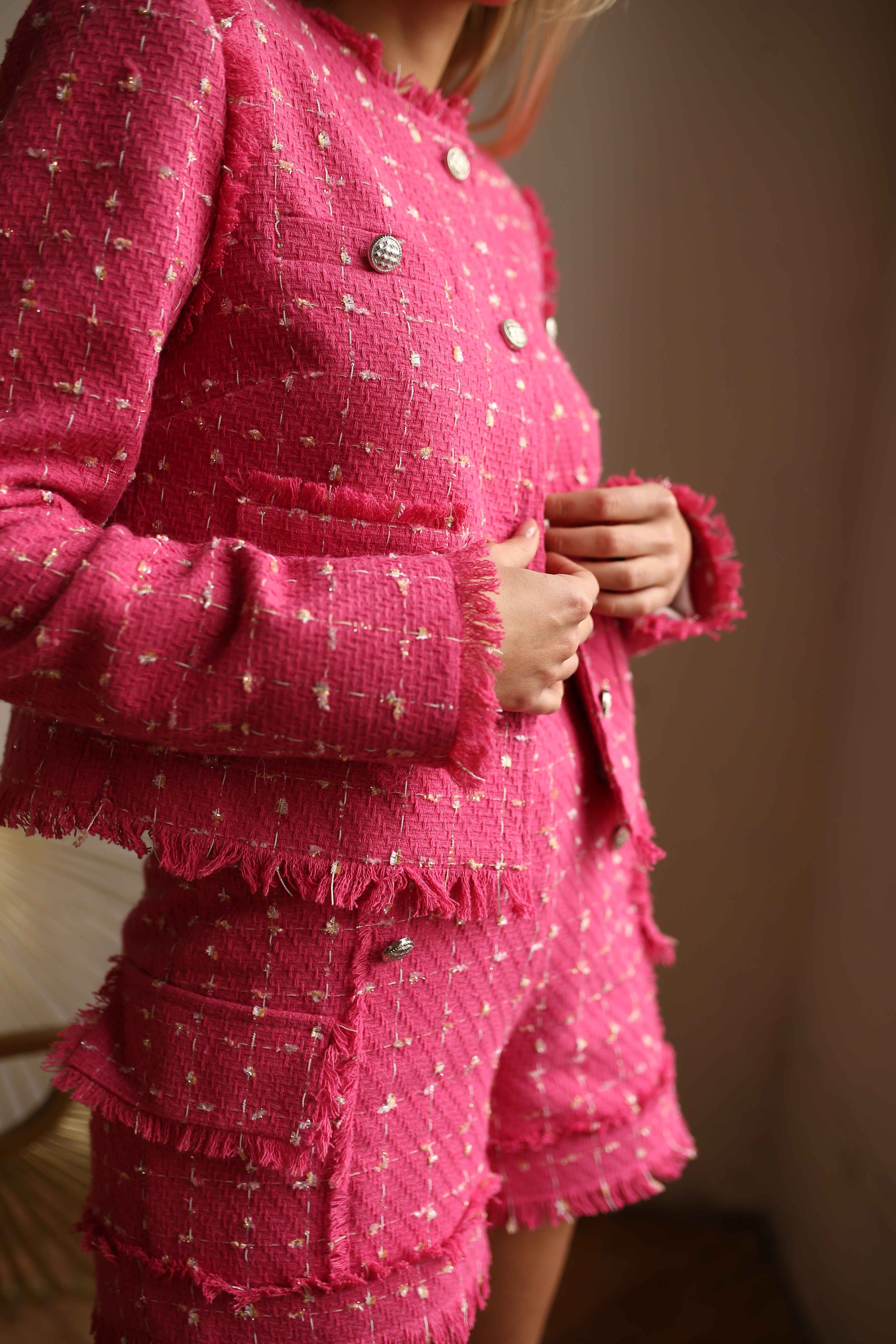 pink tweed suit with shorts