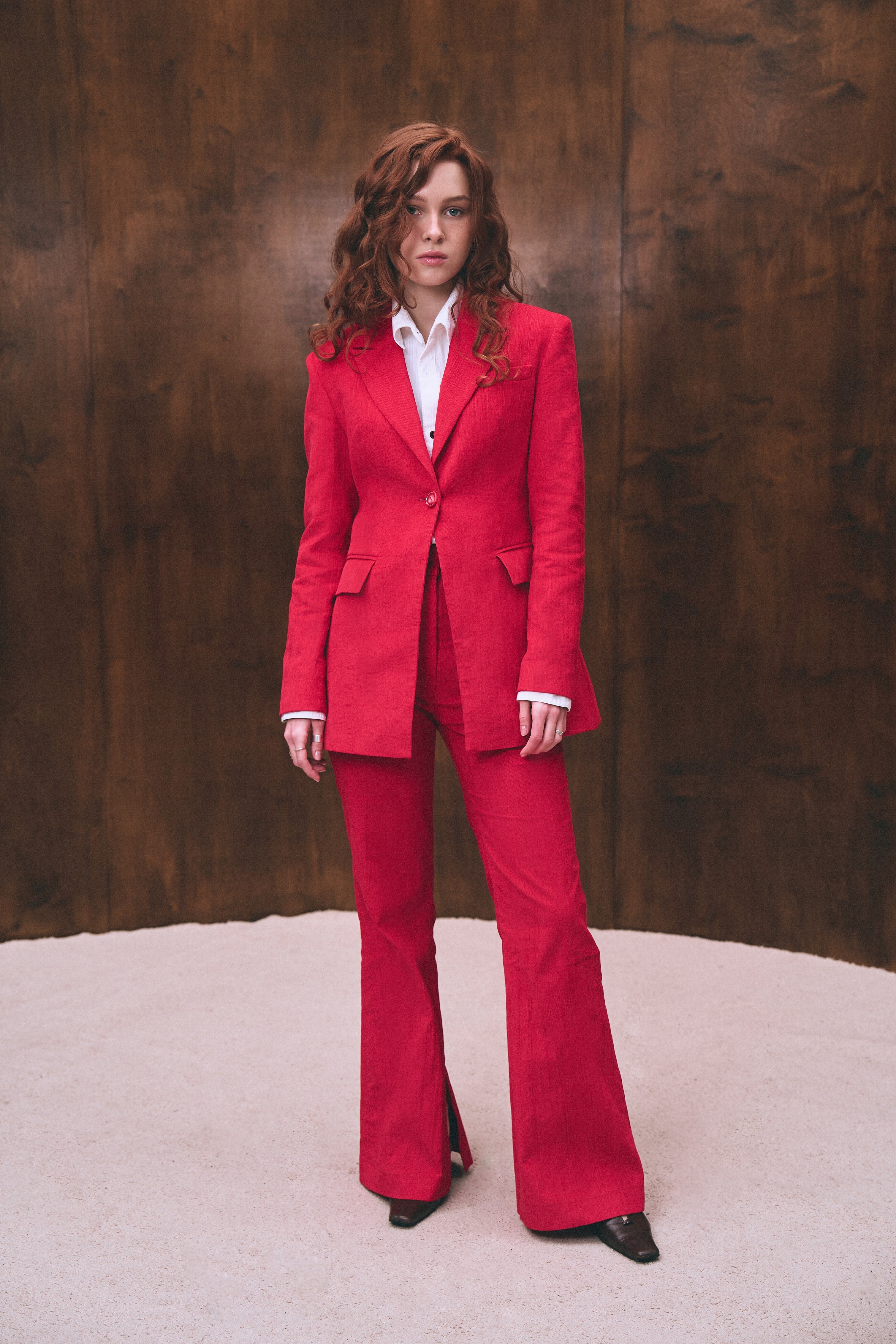 Red velvet flared pants for women