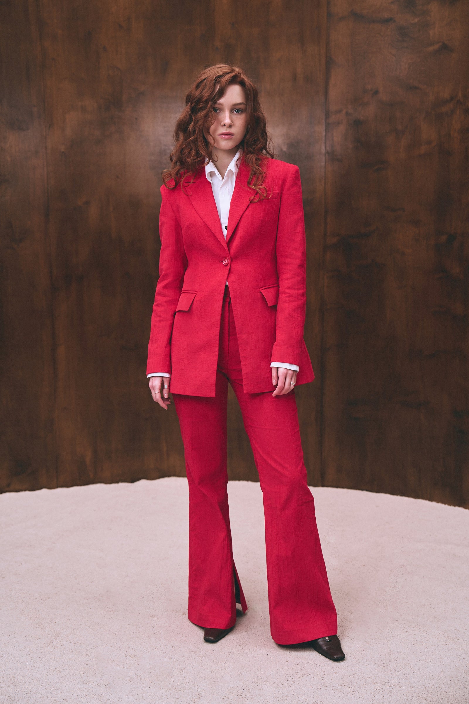 Red velvet flared pants for women