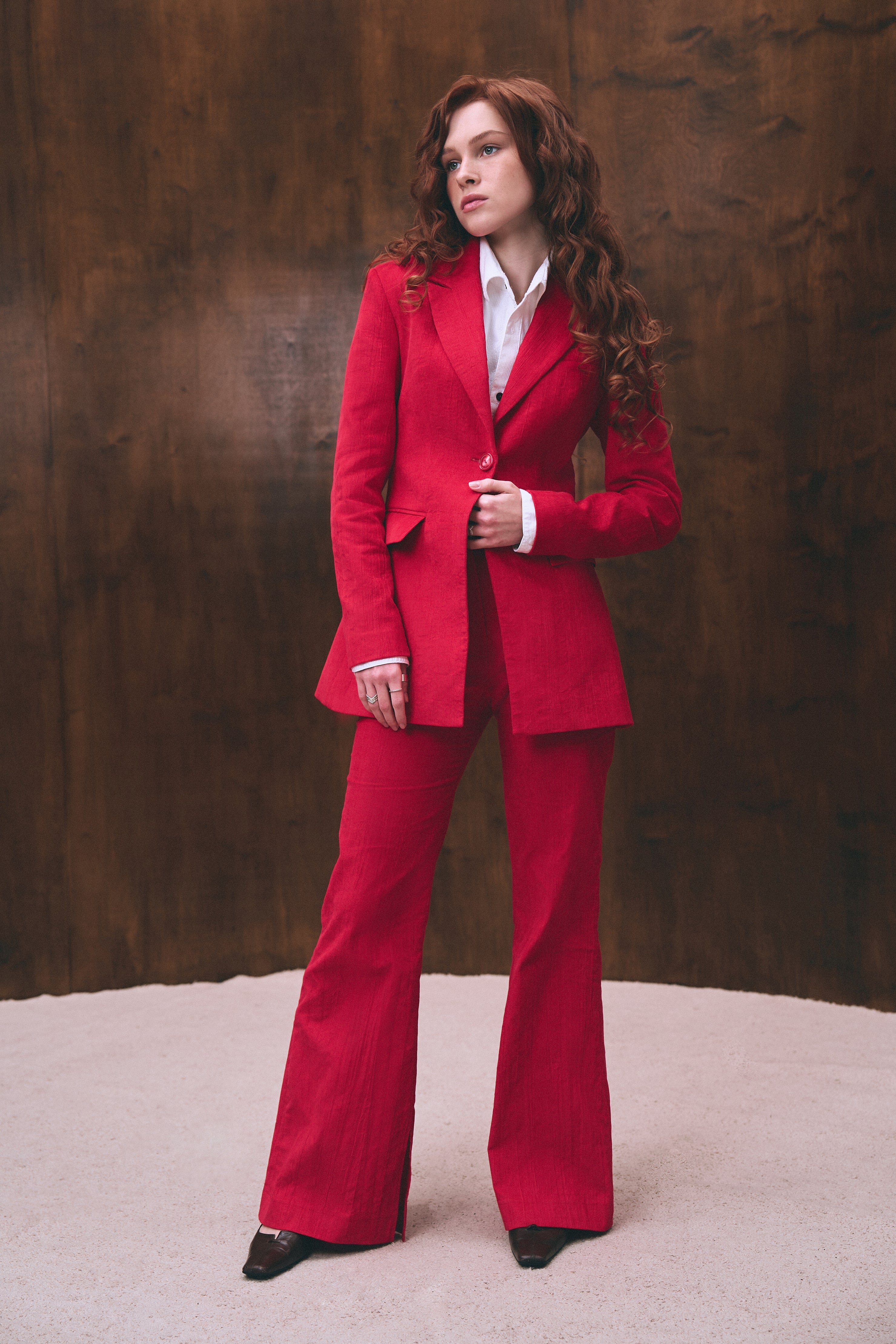 Red velvet flared pants for women