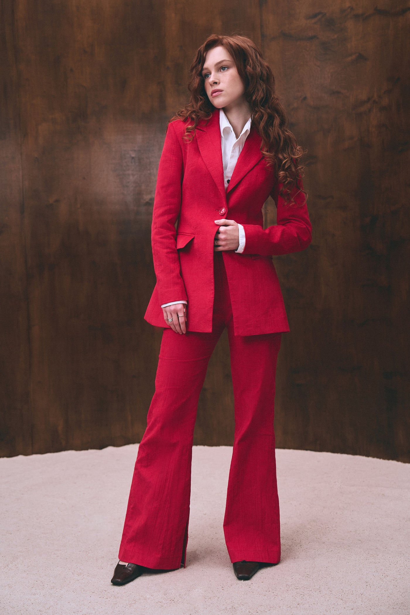 Red velvet flared pants for women