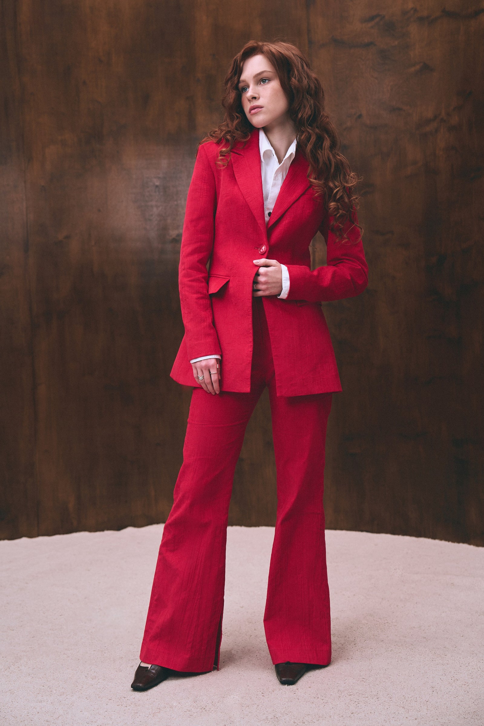 Red velvet flared pants for women