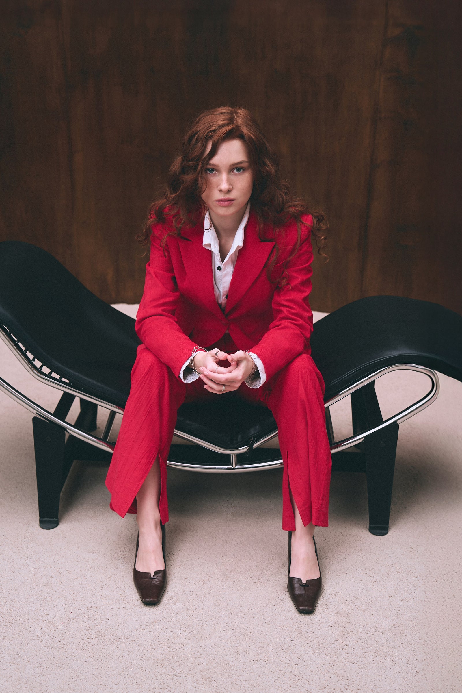 Red velvet flared pants for women