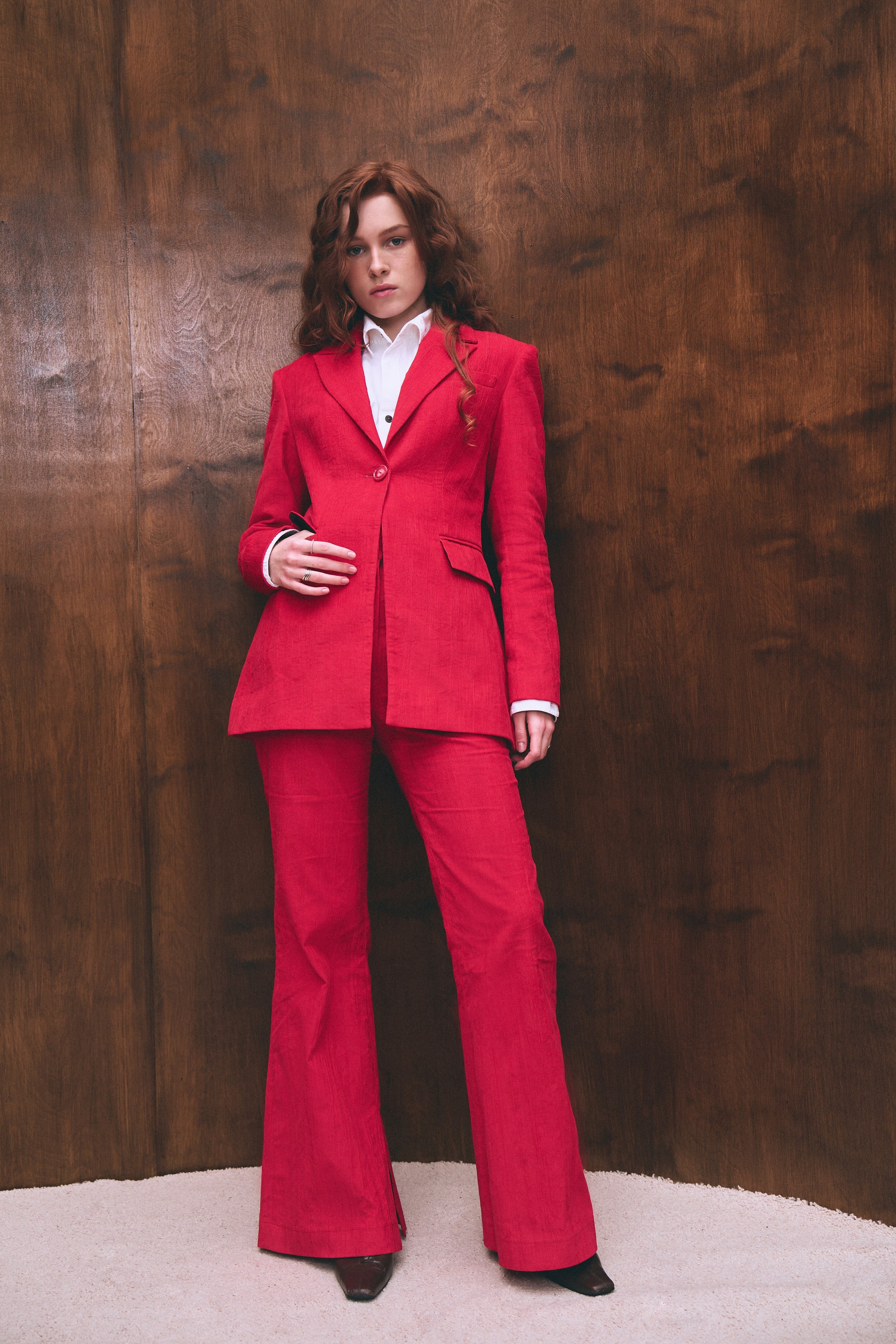 Red velvet flared pants for women