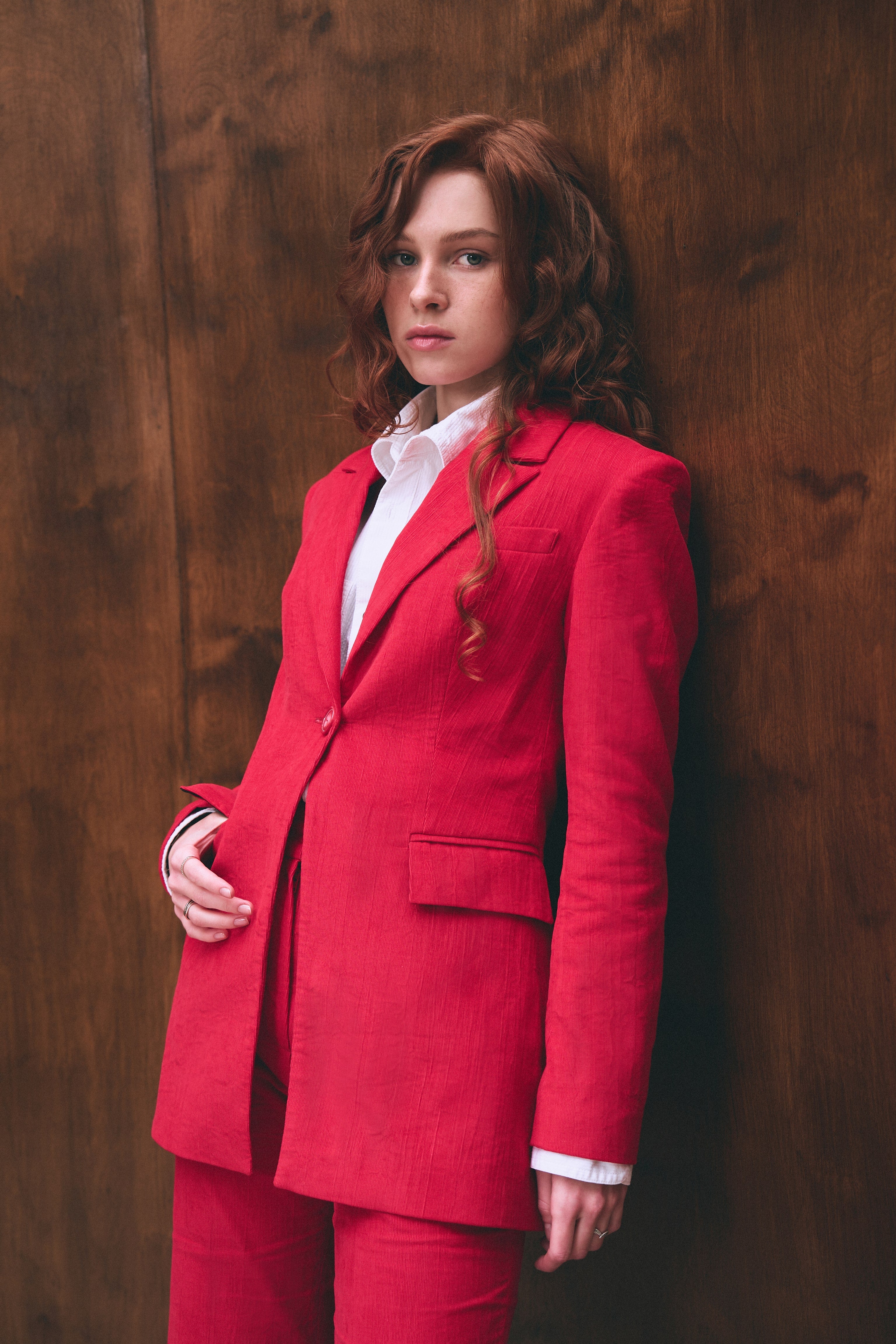 Red velvet flared pants for women