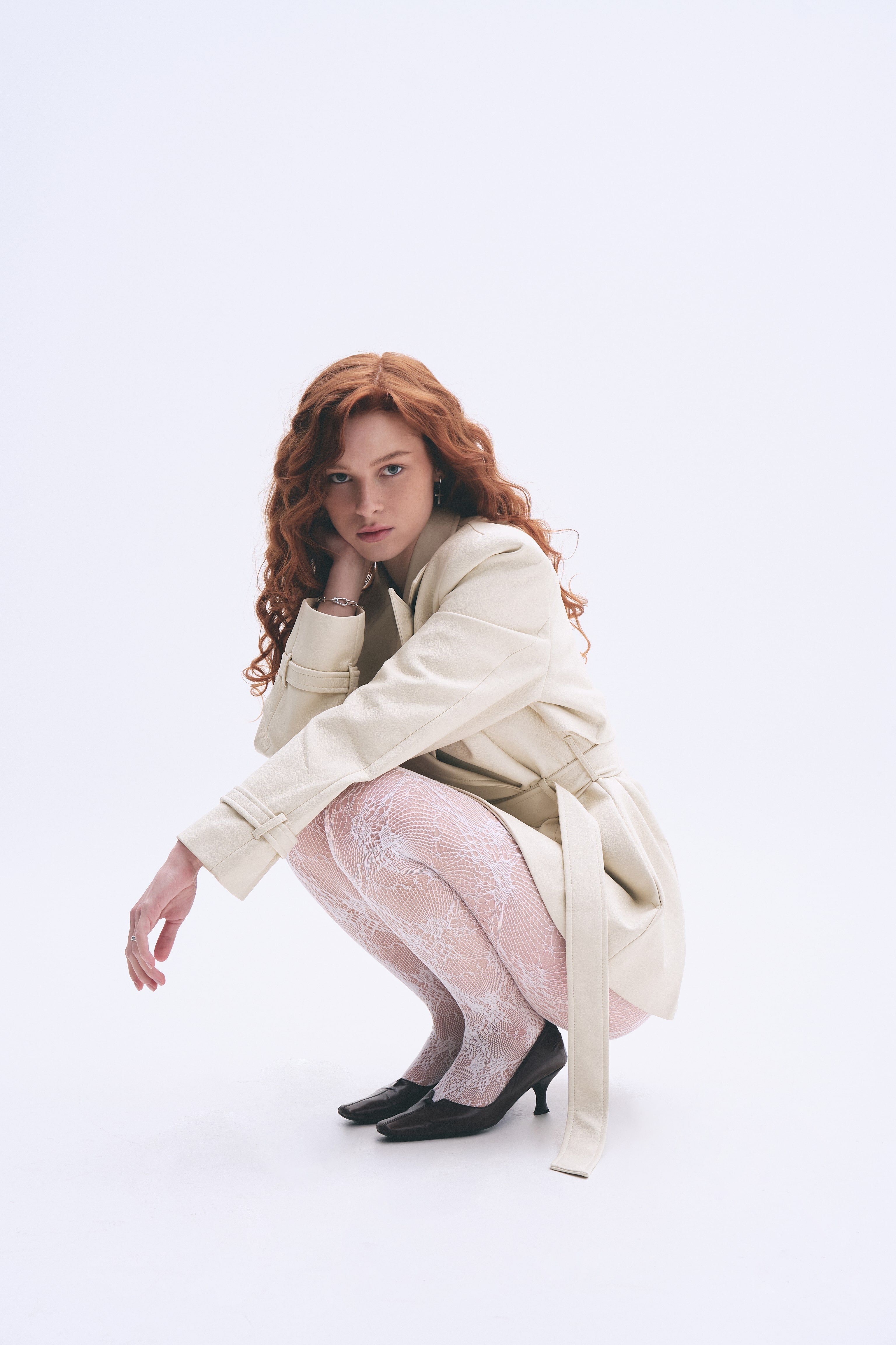 faux leather ivory trench coat with belt for women