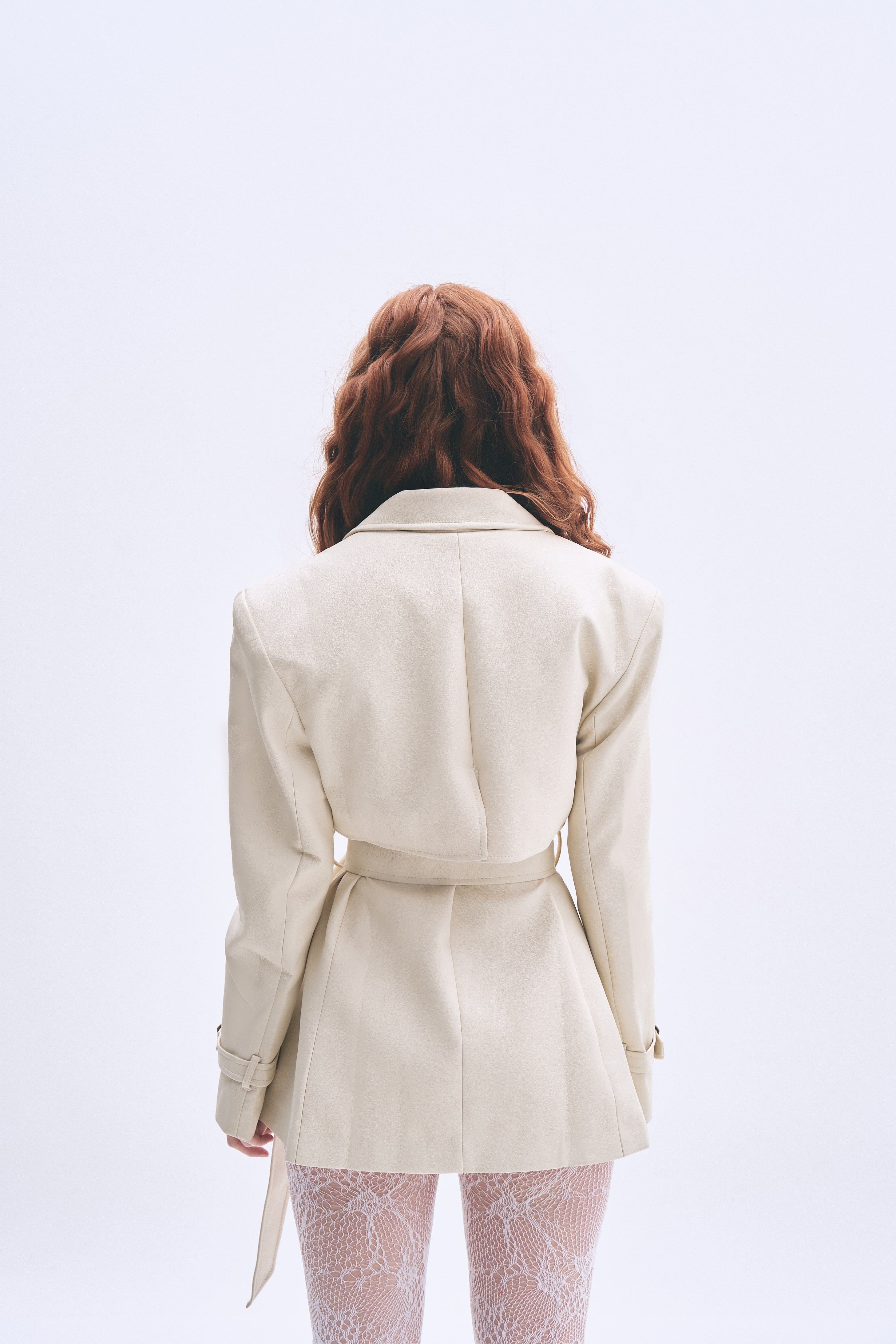 faux leather ivory trench coat with belt for women