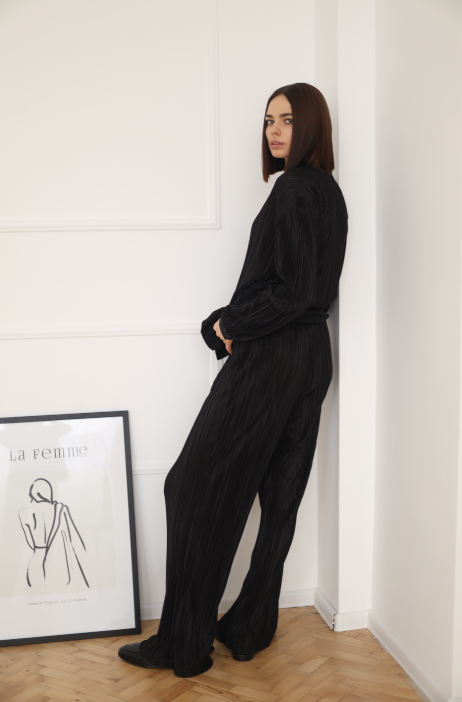 black pleated shirt