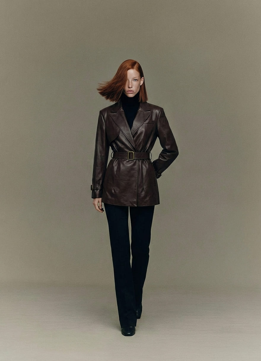 Woman wearing a brown leather jacket and black pants against a plain background