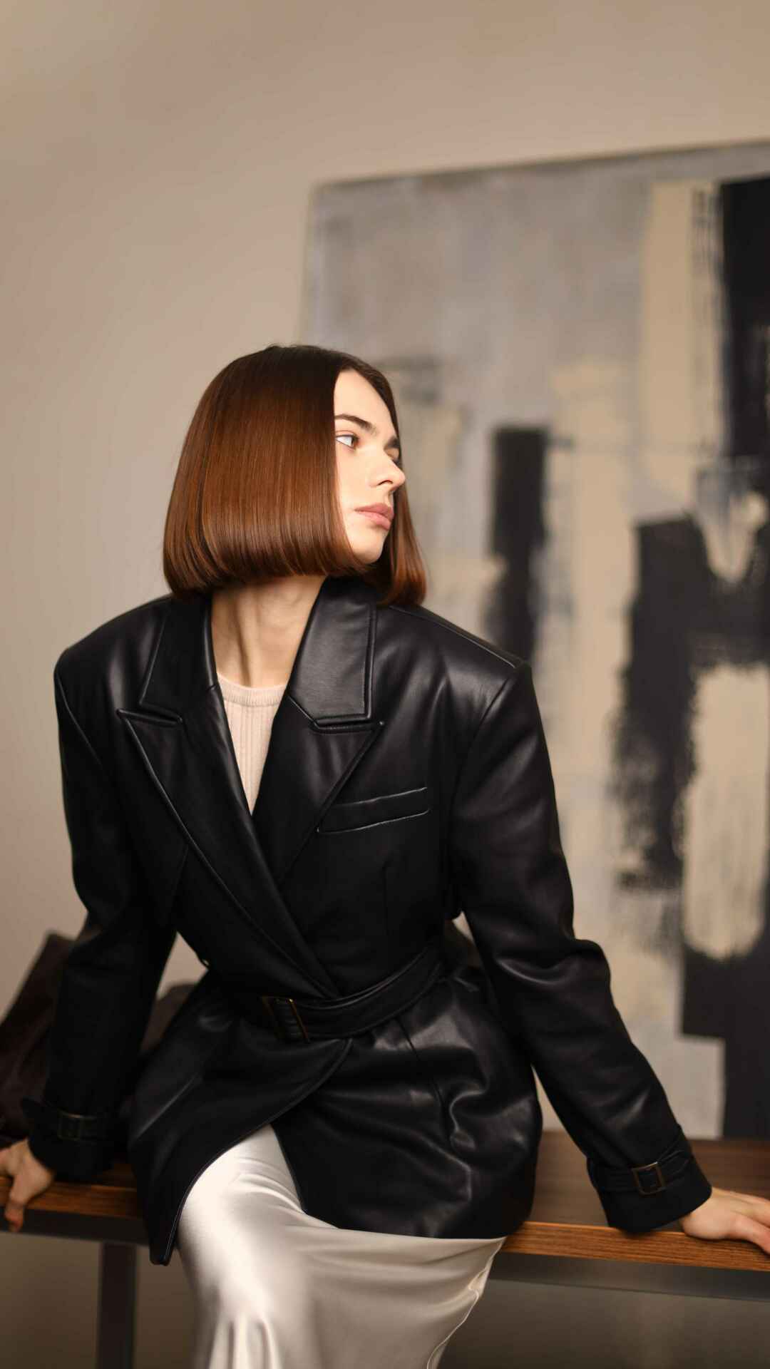 black faux leather cropped trench coat