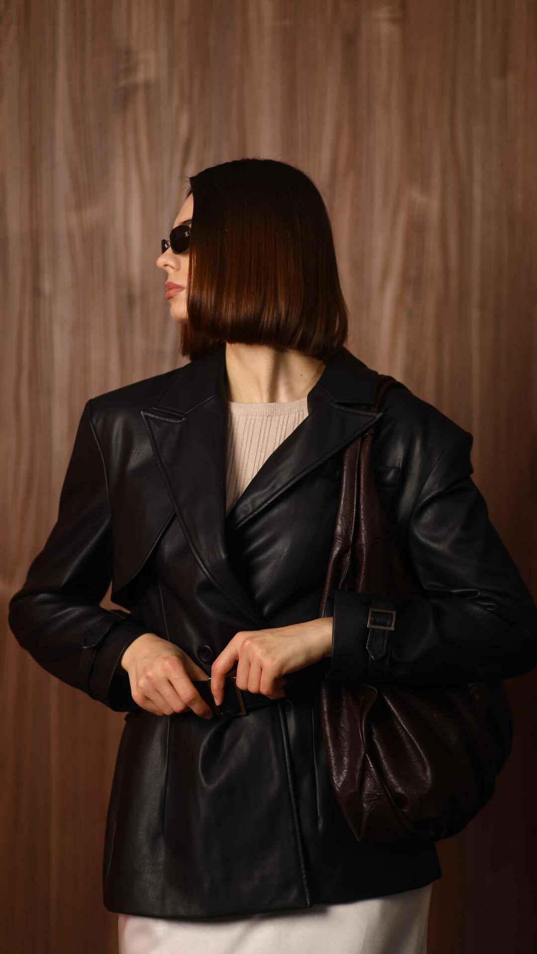 black faux leather cropped trench coat