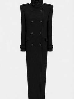 A black double-breasted longline coat with a high stand collar, sleeveless silhouette, and structured shoulders, shown against a plain light gray background.
