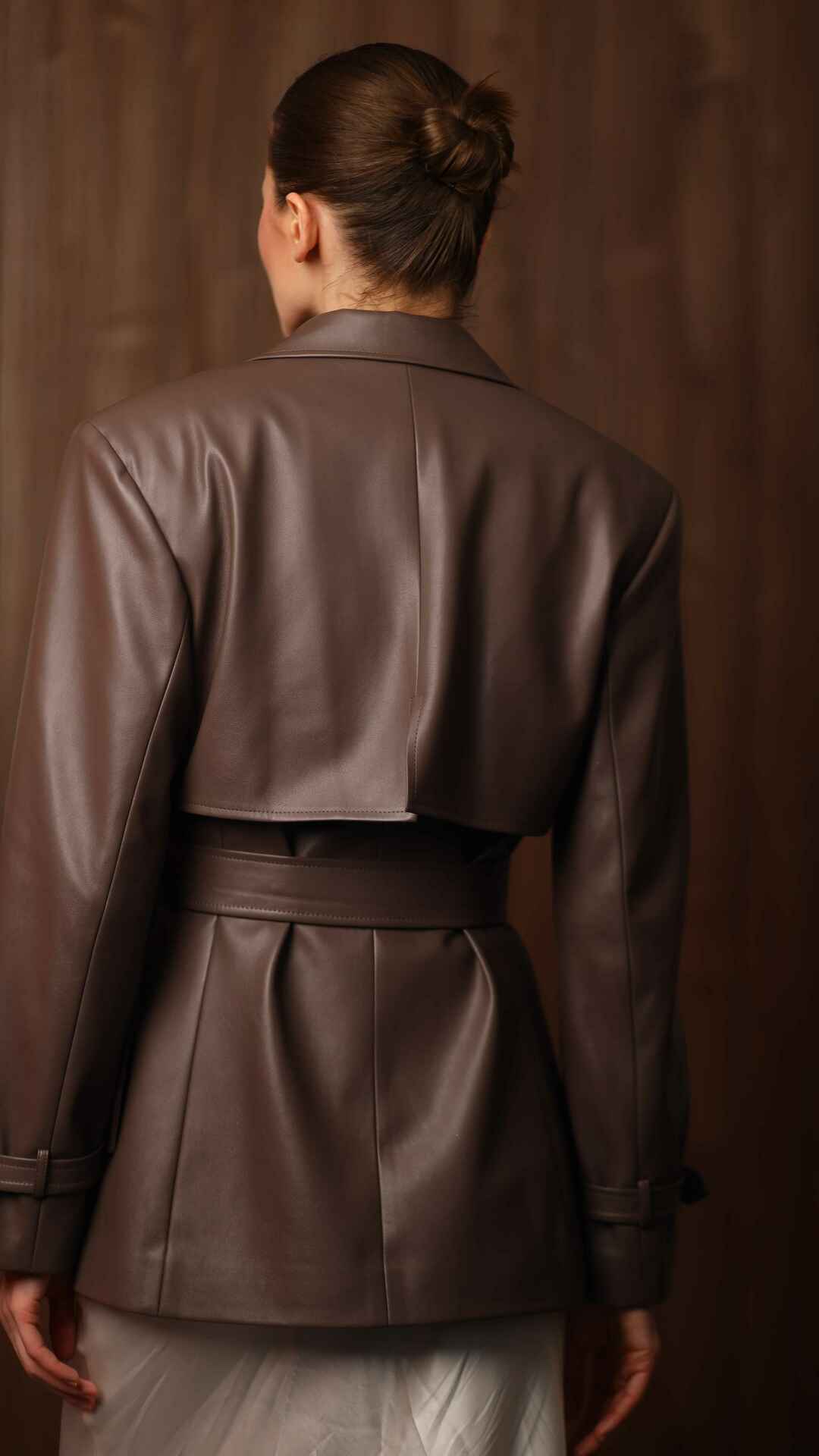 brown faux leather cropped trench coat