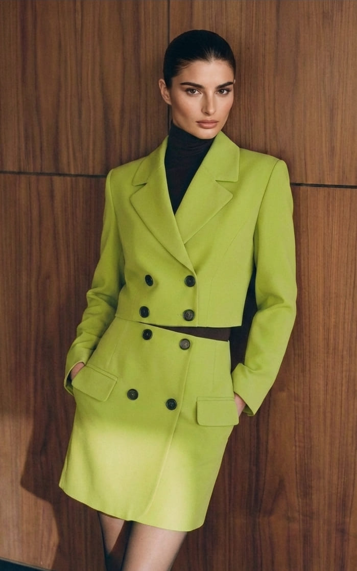 Woman wearing a bright green suit against a wooden paneled wall