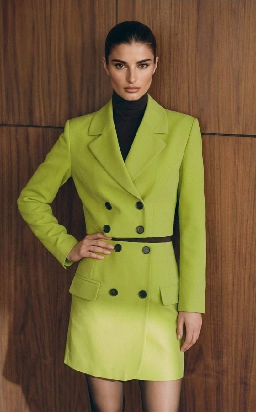 Woman wearing a bright green suit against a wooden background