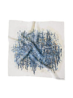 Abstract art piece with blue and black strokes on a beige background