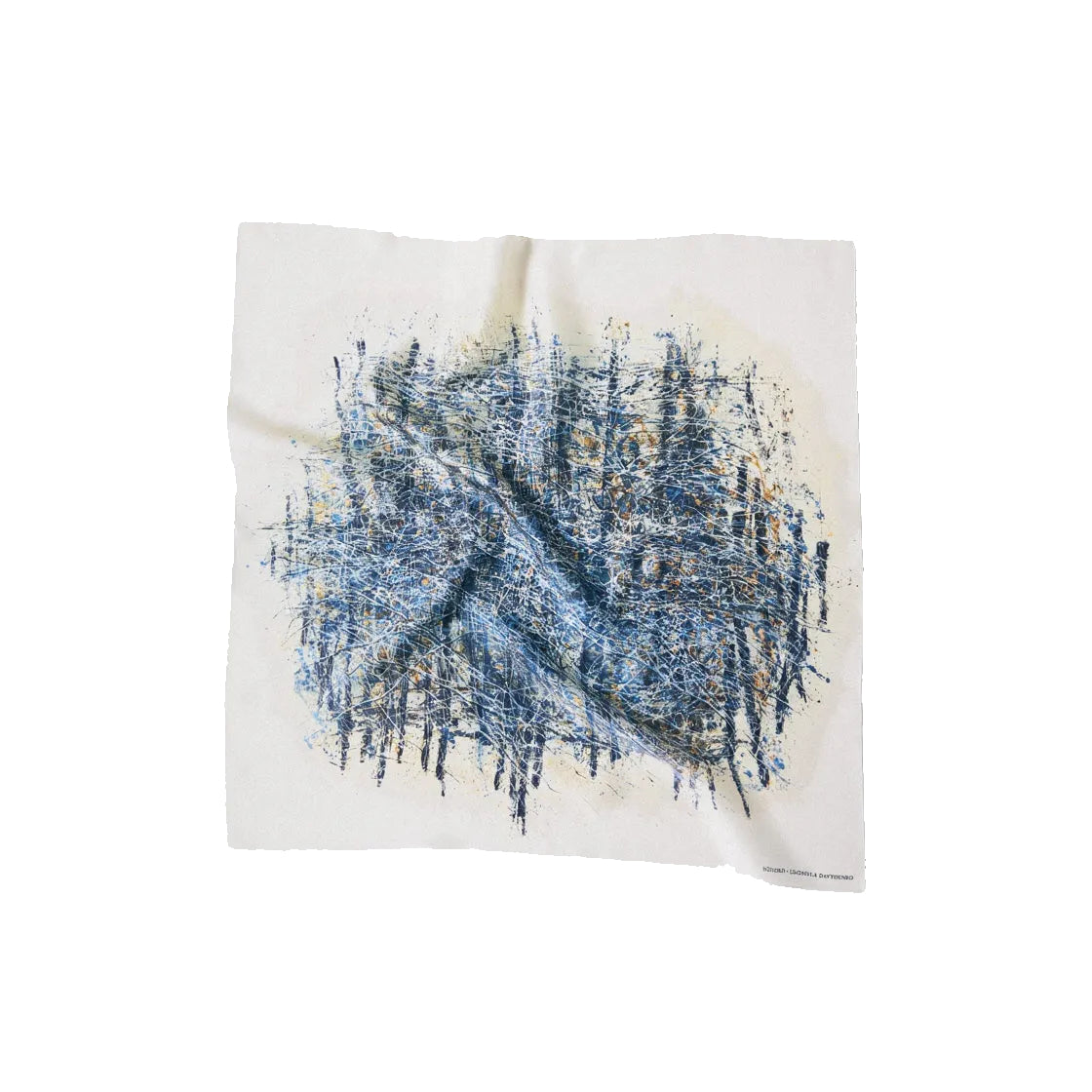 Abstract art piece with blue and black strokes on a beige background