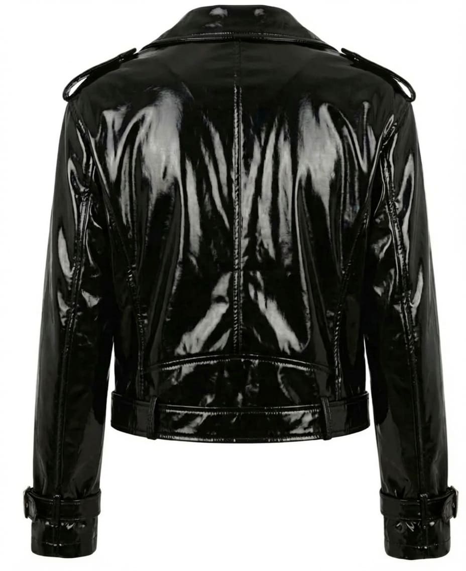 Black patent leather jacket on a white background