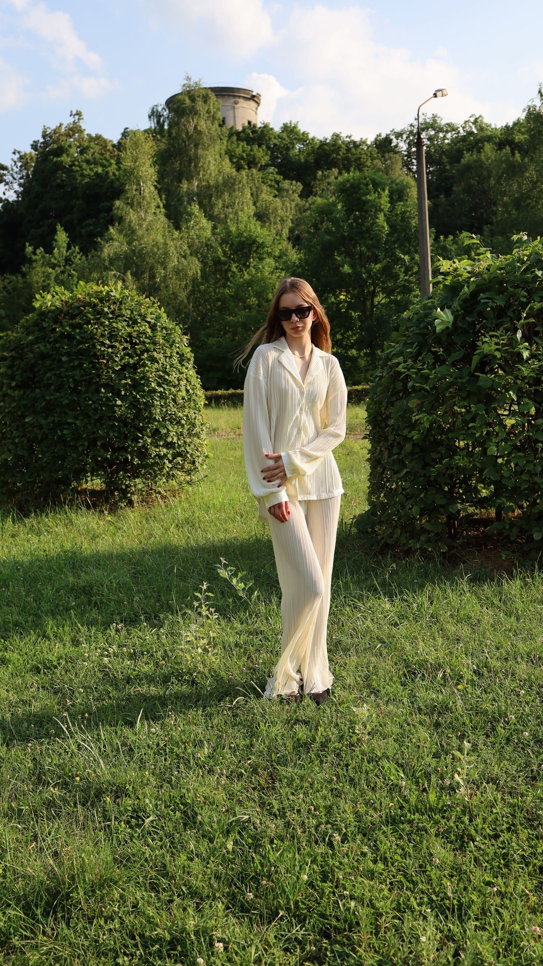 milky white pleated shirt
