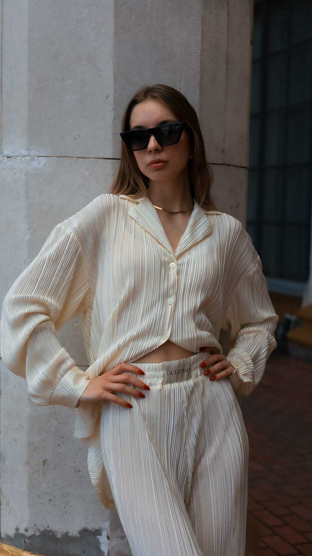 milky white pleated shirt