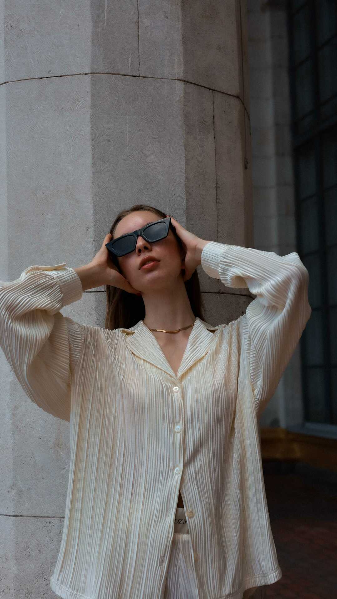 milky white pleated shirt