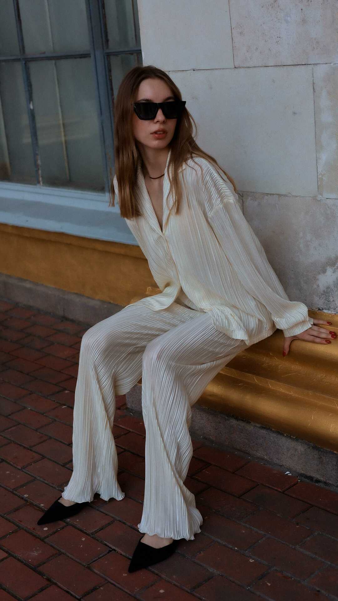 milky white pleated shirt