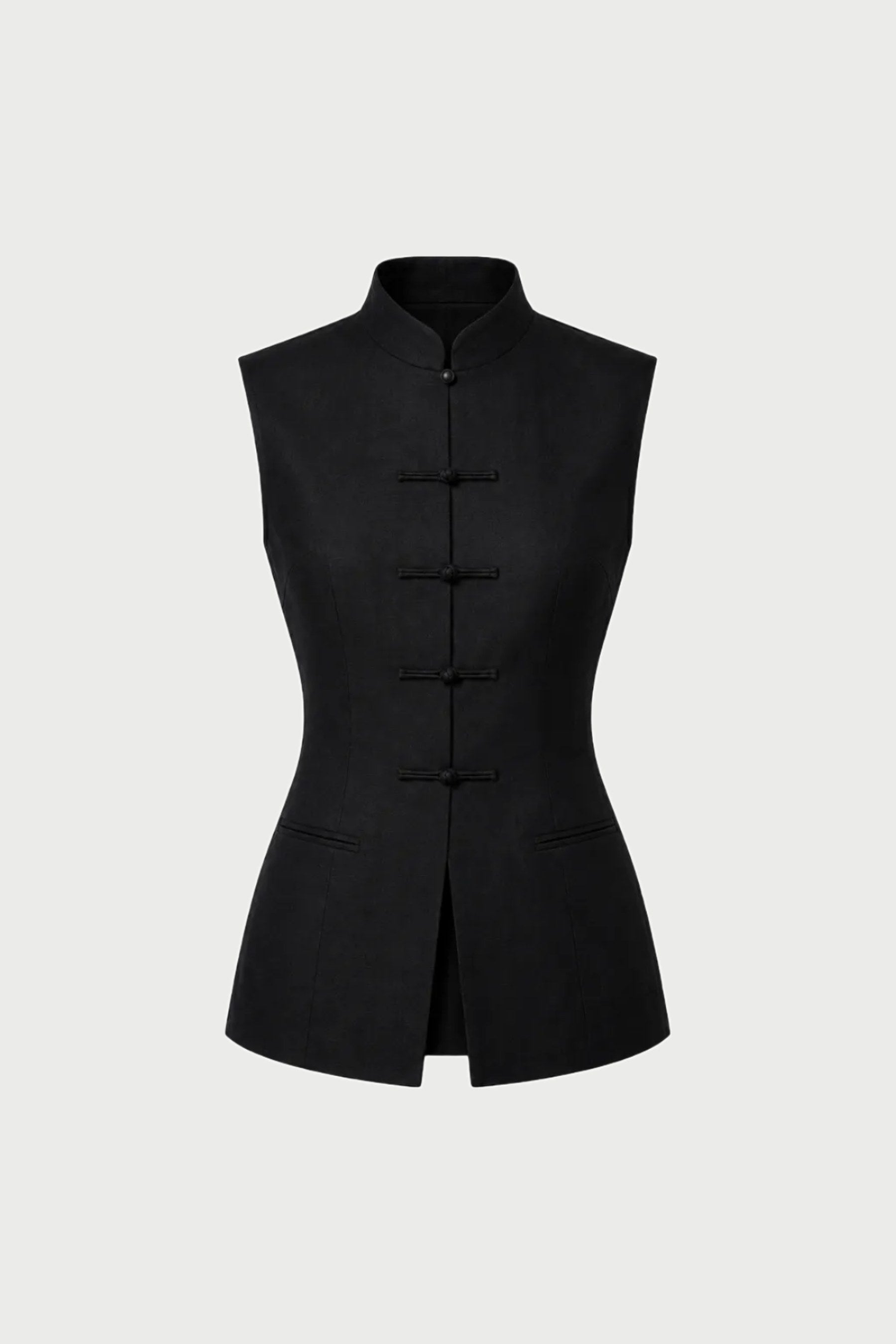 トップス bisown 25SS CHINO VEST Sumi Black Linen Mandarin-Collar Vest | BÚDZIKO