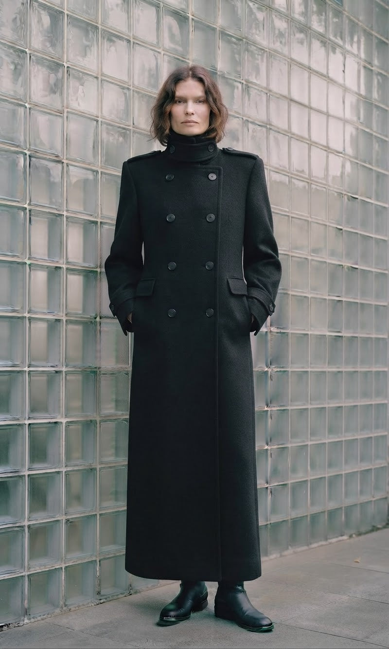 A model wearing a long black double-breasted coat with a high mock neck, standing in front of a glass block wall.