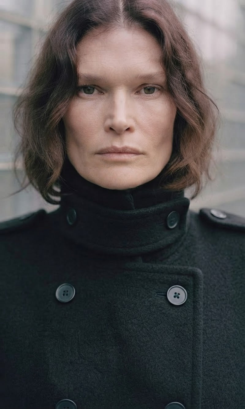 A close-up portrait of a woman with shoulder-length brown hair wearing a dark charcoal gray high-neck coat with button details, set against a blurred gray urban background.