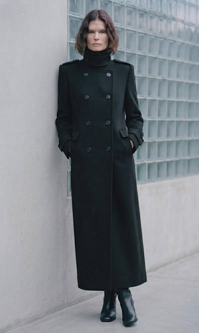 A model wearing a long black double-breasted coat with a high turtleneck collar, standing against a gray concrete wall with a glass block pattern.