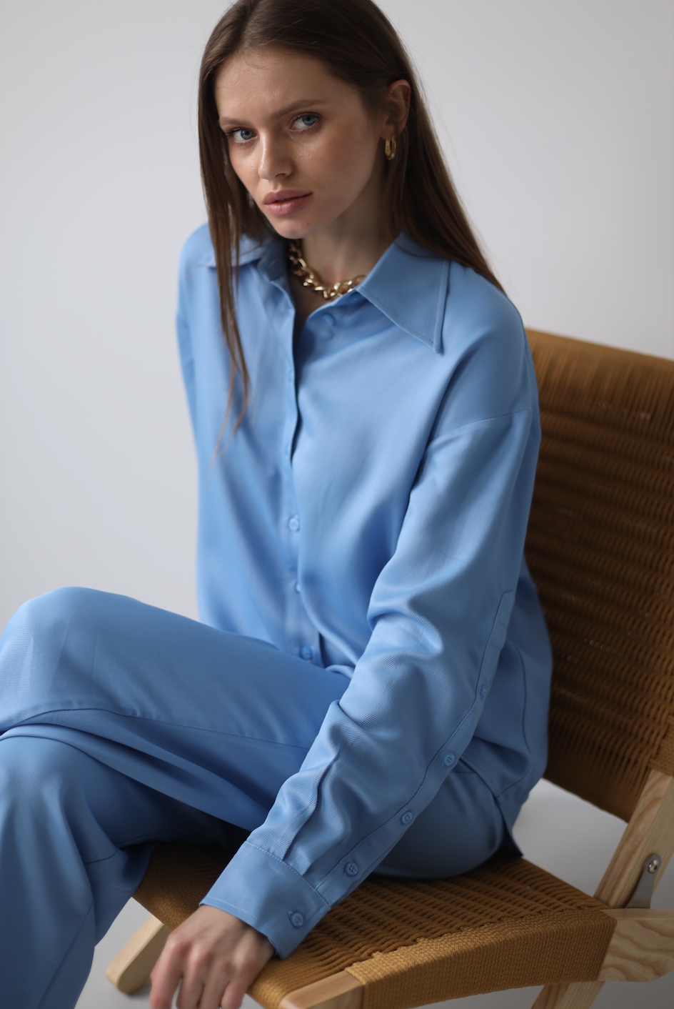 natural silk blue shirt